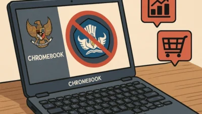 Ilustrasi laptop Chromebook dengan logo Kemendikbud dan simbol peringatan tentang efektivitas serta isu pengadaan, disertai ikon grafik dan belanja.