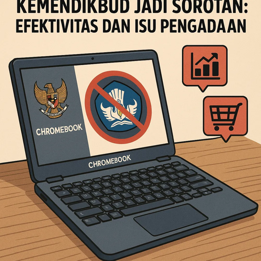 Ilustrasi laptop Chromebook dengan logo Kemendikbud dan simbol peringatan tentang efektivitas serta isu pengadaan, disertai ikon grafik dan belanja.