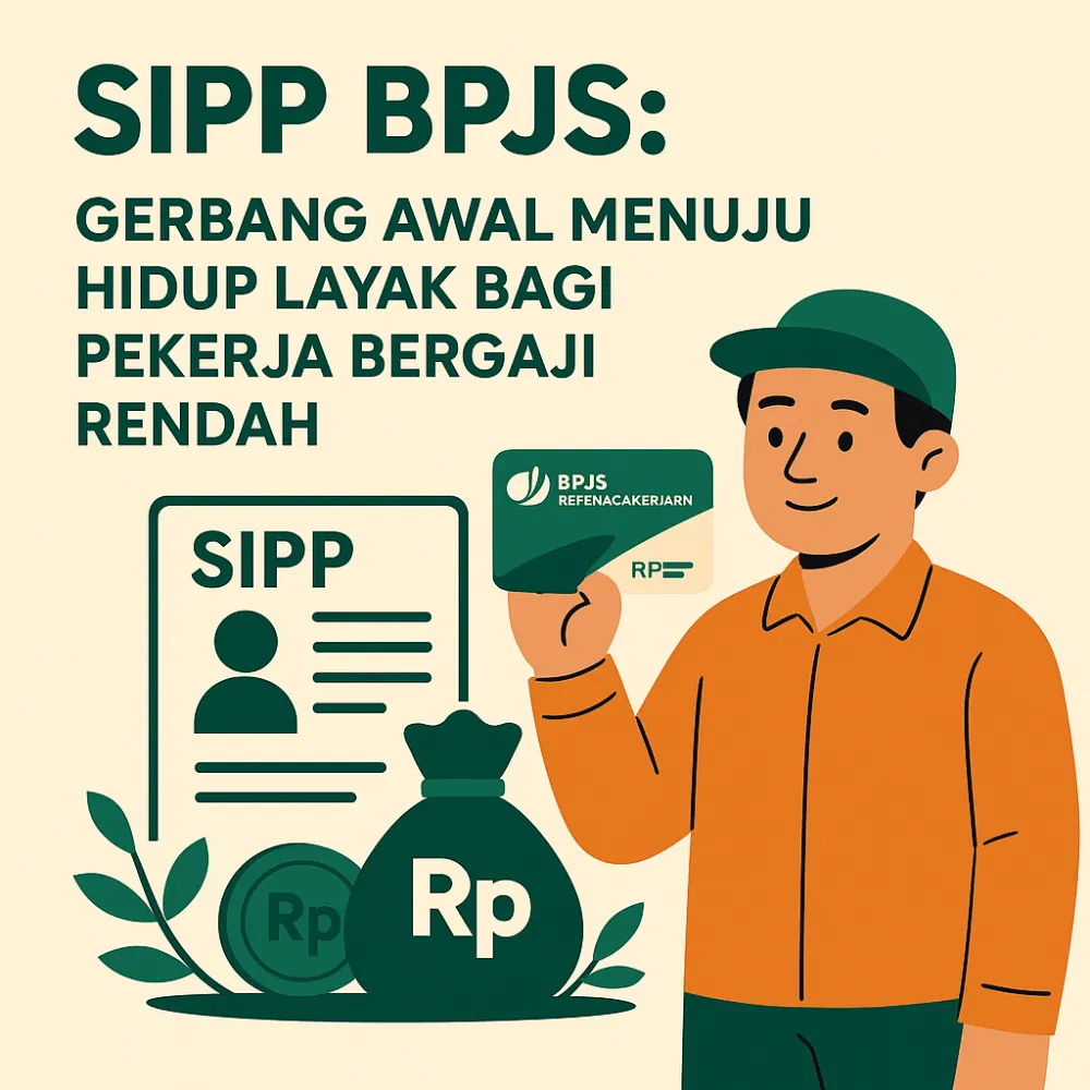 Ilustrasi pekerja bergaji rendah tersenyum di depan laptop dengan ikon BPJS dan data digital SIPP di latar belakang