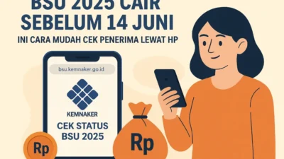 Poster digital BSU 2025 dengan tulisan 'BSU 2025 CAIR SEBELUM 14 JUNI' dan tombol 'CEK STATUS' di situs bsu.kemnaker.go.id