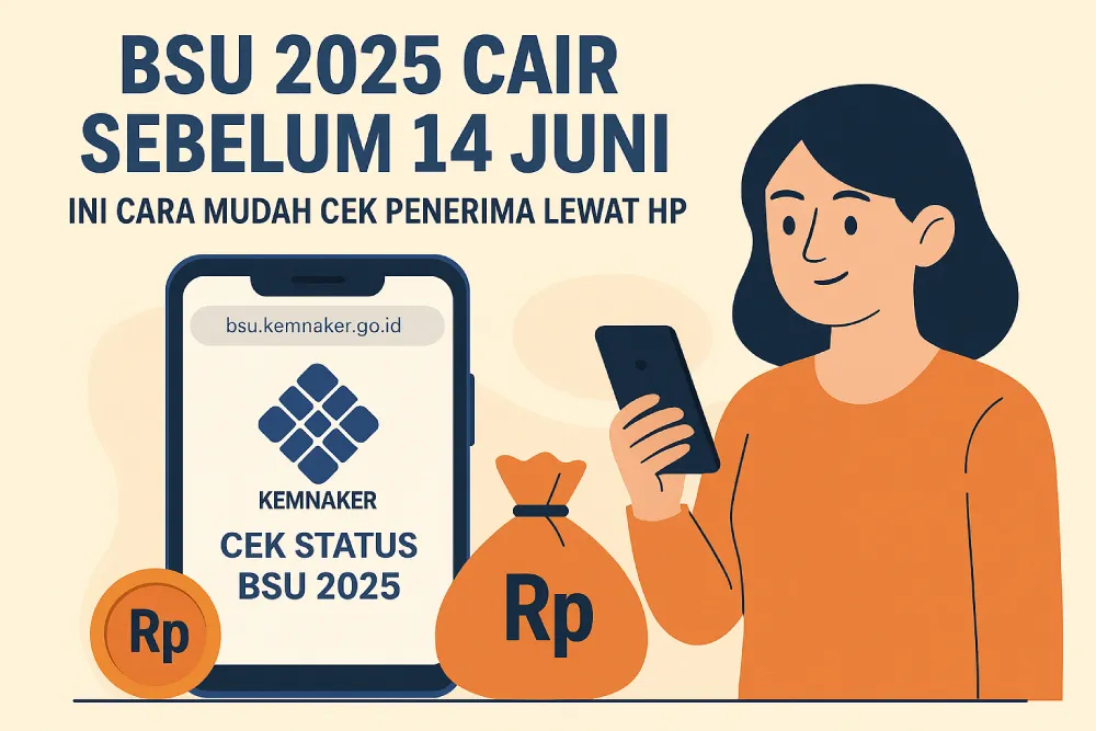 Poster digital BSU 2025 dengan tulisan 'BSU 2025 CAIR SEBELUM 14 JUNI' dan tombol 'CEK STATUS' di situs bsu.kemnaker.go.id
