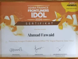 Sertifikat penghargaan dari Adira Finance untuk Almad Fawaid sebagai pemenang kategori Problem Account Office FTE Tingkat Regional Jawa Timur tahun 2024.