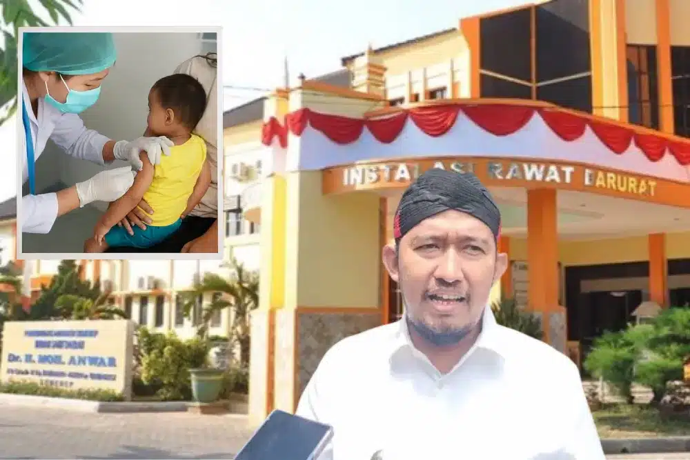 Bupati Sumenep Achmad Fauzi Wongsojudo memberi keterangan pers tentang penanganan kasus campak, dengan inset tenaga medis memvaksin anak.