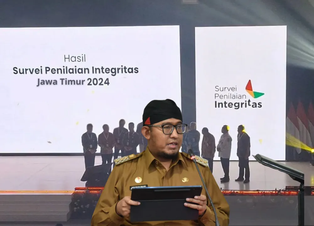 "Infografis SPI Jatim 2024 menampilkan Sumenep sebagai peringkat pertama dengan nilai integritas 77,58, disertai catatan sektor anggaran, PBJ, dan SDM masih zona merah."