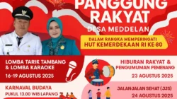 Poster digital horizontal promosi "Panggung Rakyat Desa Meddelan" dengan latar merah-kuning, menampilkan foto kades, logo acara, serta daftar pengisi acara seperti saronen, tari, dan stand UMKM.