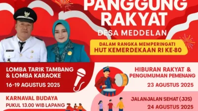 Poster digital horizontal promosi "Panggung Rakyat Desa Meddelan" dengan latar merah-kuning, menampilkan foto kades, logo acara, serta daftar pengisi acara seperti saronen, tari, dan stand UMKM.