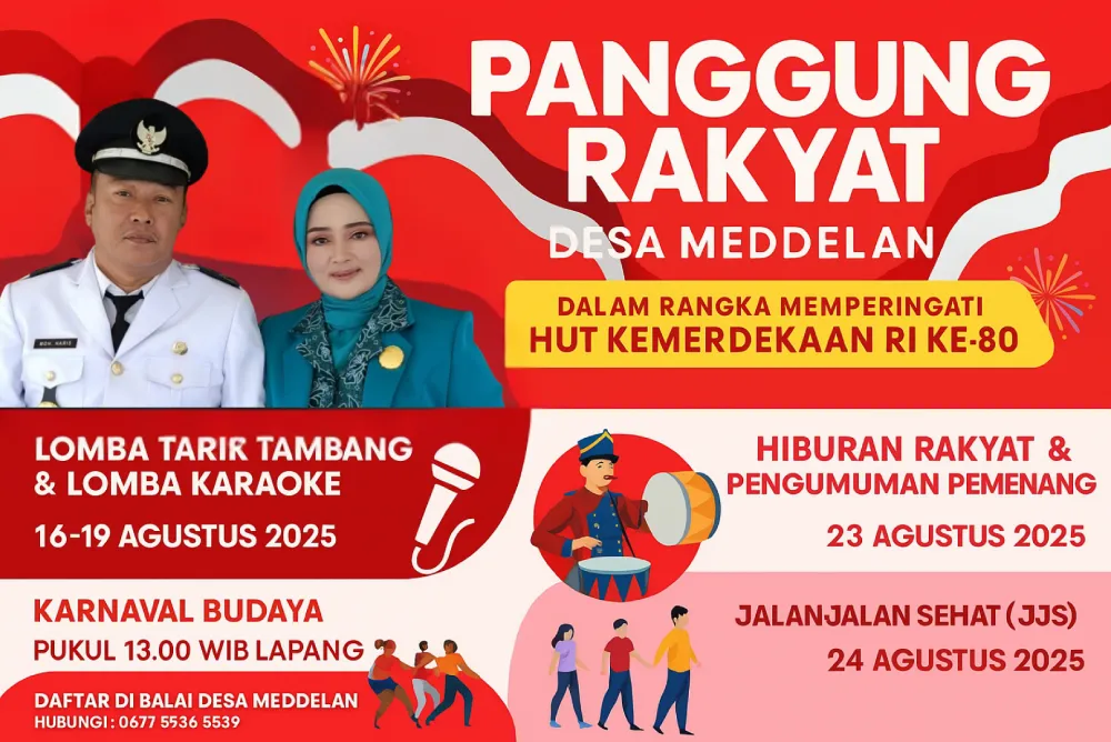 Poster digital horizontal promosi "Panggung Rakyat Desa Meddelan" dengan latar merah-kuning, menampilkan foto kades, logo acara, serta daftar pengisi acara seperti saronen, tari, dan stand UMKM.