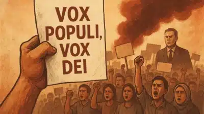 Ilustrasi demonstrasi rakyat dengan tulisan "Vox Populi, Vox Dei" sebagai simbol suara rakyat.
