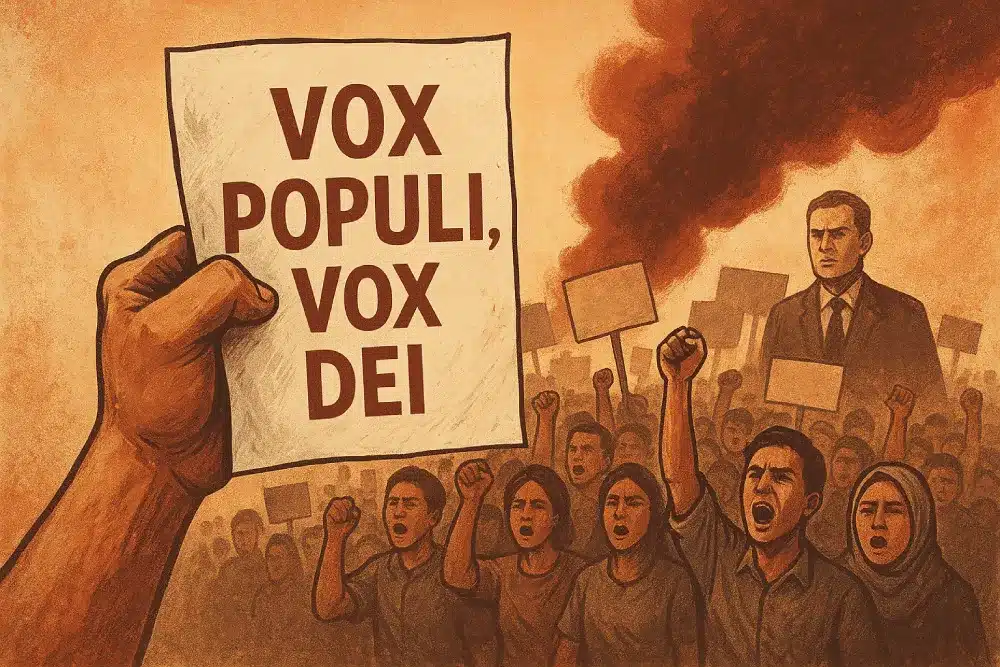 Ilustrasi demonstrasi rakyat dengan tulisan "Vox Populi, Vox Dei" sebagai simbol suara rakyat.