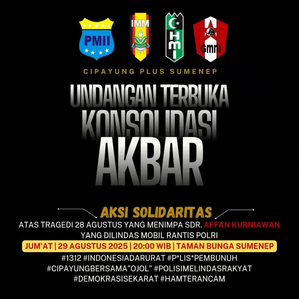 Gabungan organisasi Cipayung Plus Sumenep saat menggelar Konsolidasi Akbar di Taman Bunga sebagai respons atas tragedi Affan Kurniawan yang tewas dilindas mobil rantis Polri.