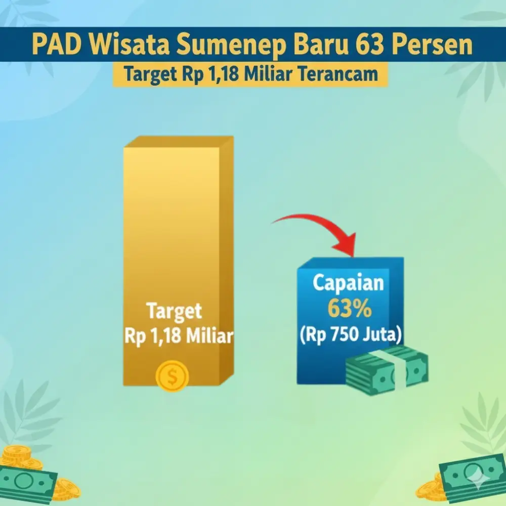 Grafik ilustrasi capaian PAD wisata Sumenep yang baru 63 persen dari target Rp 1,18 miliar, menampilkan ikon pantai dan museum.