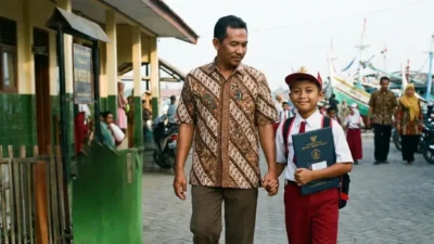 Seorang ayah mendampingi anaknya ke sekolah saat pengambilan rapor dalam Gerakan Ayah Mengambil Rapor di Kabupaten Sumenep