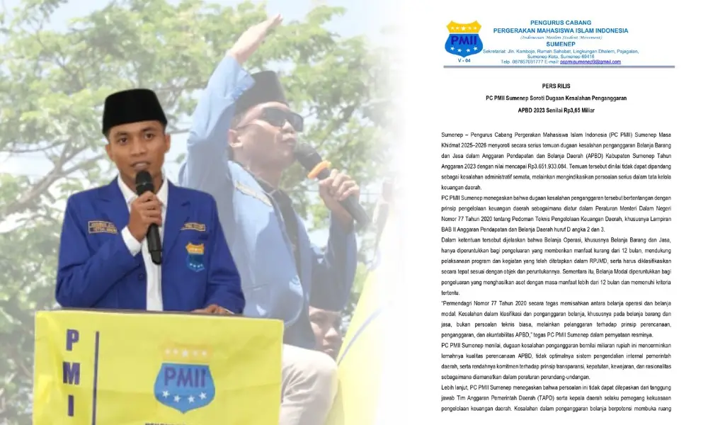 Kolase foto aktivis PC PMII Sumenep sedang berorasi di sebelah rilis pers resmi mengenai dugaan kesalahan penganggaran APBD 2023.