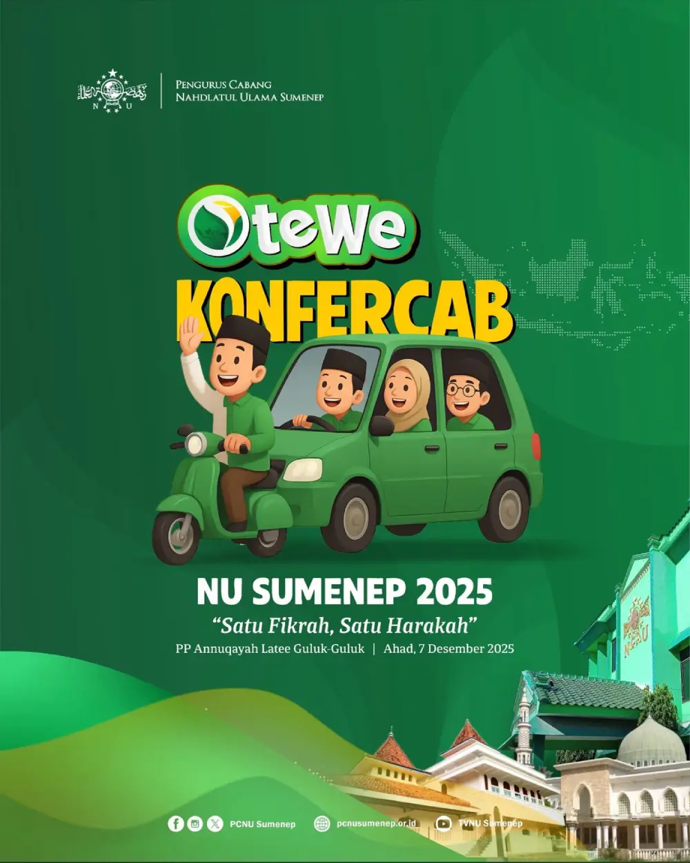 Poster ilustrasi mobil rombongan menuju Konfercab NU Sumenep 2025 bertuliskan “Otewe KONFERCAB” di Pondok Pesantren Annuqayah Latee.