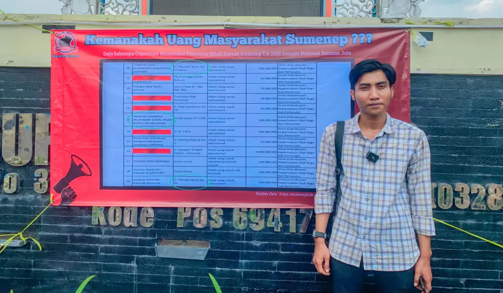 Baliho kritik hibah 2025 oleh analis kebijakan publik Efendi Pradana terpasang di depan Kantor Pemkab Sumenep.