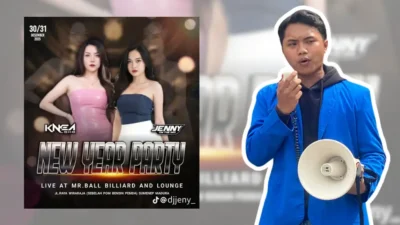 Kolase gambar yang menampilkan poster acara "New Year Party" di Mr. Ball Billiard and Lounge Sumenep dan foto seorang aktivis PMII UNIBA Madura yang sedang berorasi menggunakan pengeras suara (megafon).