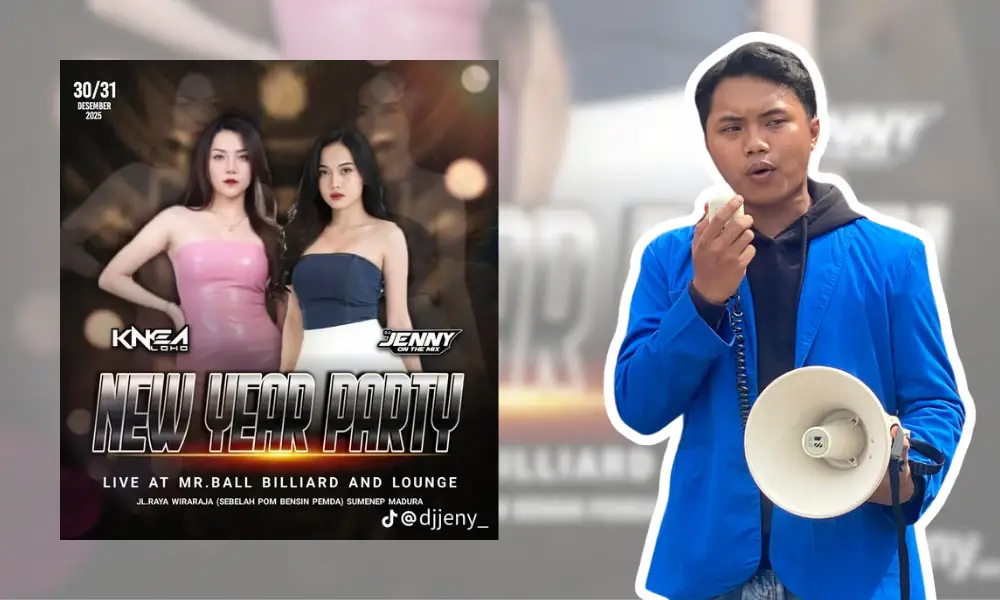 Kolase gambar yang menampilkan poster acara "New Year Party" di Mr. Ball Billiard and Lounge Sumenep dan foto seorang aktivis PMII UNIBA Madura yang sedang berorasi menggunakan pengeras suara (megafon).