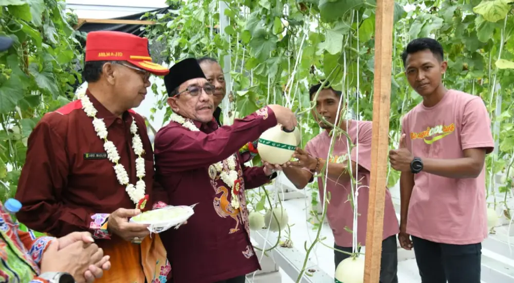 Wakil Bupati Sumenep KH. Imam Hasyim memotong buah melon saat peresmian Kawasan Smart Farming di Desa Kasengan.
