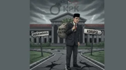 Ilustrasi kepala daerah memikul beban ongkos politik besar di persimpangan antara demokrasi dan korupsi dengan bayangan penegakan hukum.