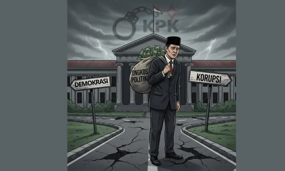Ilustrasi kepala daerah memikul beban ongkos politik besar di persimpangan antara demokrasi dan korupsi dengan bayangan penegakan hukum.