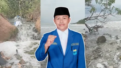 Syafiqurrahman, Sekretaris Umum PC PMII Sumenep dengan latar belakang kolase foto saluran pembuangan limbah berbusa dan kondisi pesisir pantai yang tercemar.