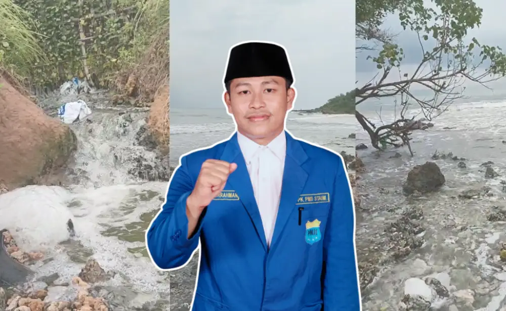 Syafiqurrahman, Sekretaris Umum PC PMII Sumenep dengan latar belakang kolase foto saluran pembuangan limbah berbusa dan kondisi pesisir pantai yang tercemar.