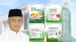 Kolase gambar edukasi keuangan dari BPRS Bhakti Sumekar yang menampilkan foto Direktur Utama di sisi kiri dan empat poster infografis di sisi kanan. Poster tersebut menjelaskan perbandingan gaya hidup YOLO Spending yang berisiko dengan Secure Living yang lebih stabil, serta ajakan untuk menabung dan berinvestasi demi masa depan yang aman.