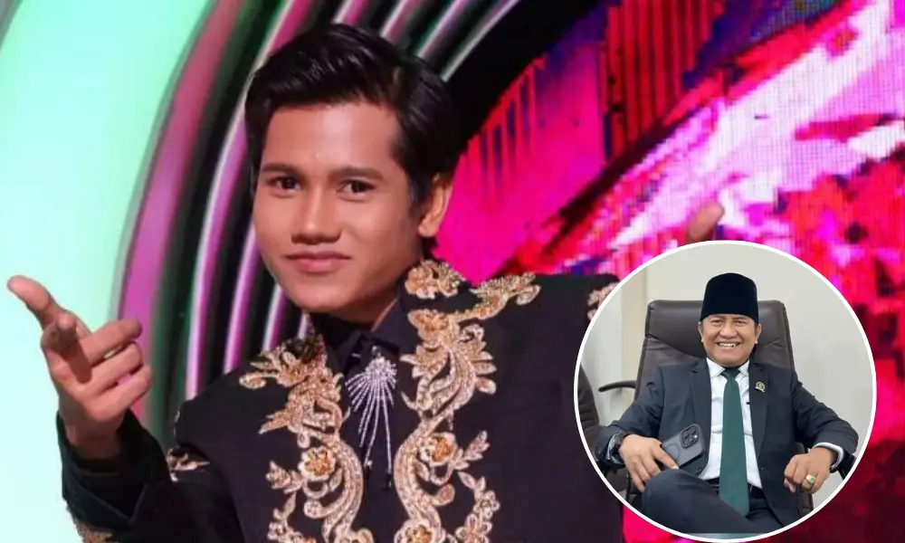 Valen, peserta Dangdut Academy 7 Indosiar, tampil di atas panggung dengan sorotan lampu, menggambarkan beban harapan publik terhadap artis muda.