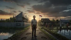 Kepala desa berdiri di jalan desa berlubang saat senja, tersenyum tipis dengan ekspresi gundah, berlatar kantor desa dan bangunan gerai koperasi.