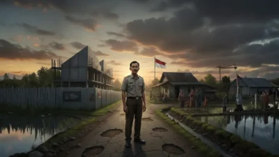 Kepala desa berdiri di jalan desa berlubang saat senja, tersenyum tipis dengan ekspresi gundah, berlatar kantor desa dan bangunan gerai koperasi.