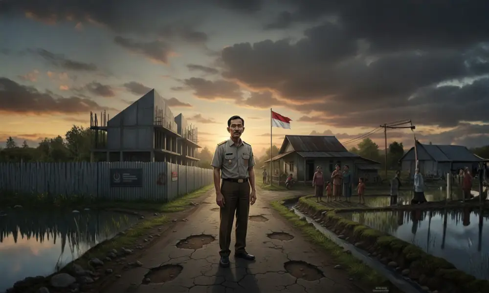 Kepala desa berdiri di jalan desa berlubang saat senja, tersenyum tipis dengan ekspresi gundah, berlatar kantor desa dan bangunan gerai koperasi.