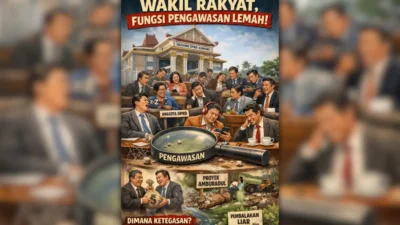 Ilustrasi ruang rapat DPRD yang tenang dengan anggota dewan duduk di sekitar meja penuh dokumen, sementara di balik dinding kaca terlihat proyek publik terbengkalai dan warga menunggu, menggambarkan pengawasan yang berjalan rutin namun jauh dari realitas lapangan.