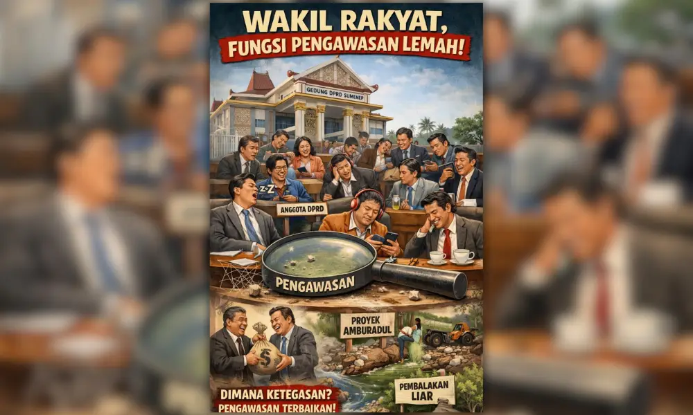 Ilustrasi ruang rapat DPRD yang tenang dengan anggota dewan duduk di sekitar meja penuh dokumen, sementara di balik dinding kaca terlihat proyek publik terbengkalai dan warga menunggu, menggambarkan pengawasan yang berjalan rutin namun jauh dari realitas lapangan.