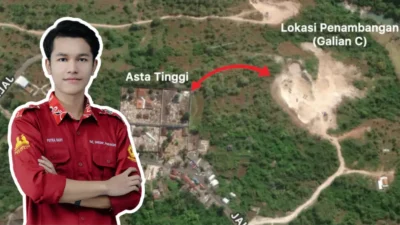 Foto kolase yang menampilkan Potra Bady, Ketua Paguyuban Potra Potre Budaya Madura, dengan latar belakang foto udara kawasan Asta Tinggi Sumenep. Di sebelah kanan, terlihat lubang besar aktivitas penambangan Galian C yang letaknya berdekatan dengan kompleks pemakaman bersejarah.