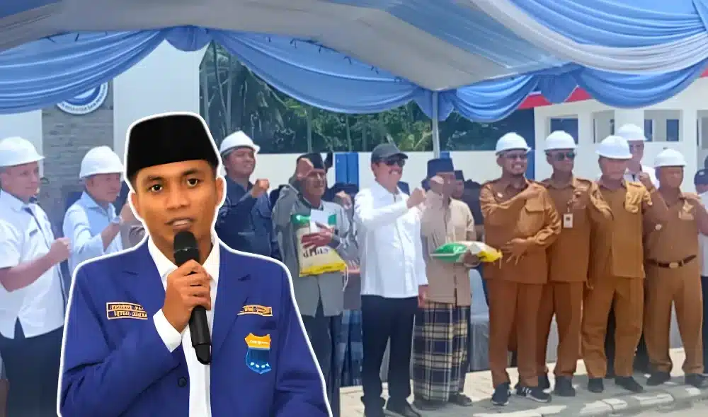 Foto kolase Ketua PC PMII Sumenep, Khoirus Soleh (Eros), dengan latar belakang kegiatan peresmian Kampung Nelayan oleh pejabat KKP dan Pemerintah Kabupaten Sumenep.