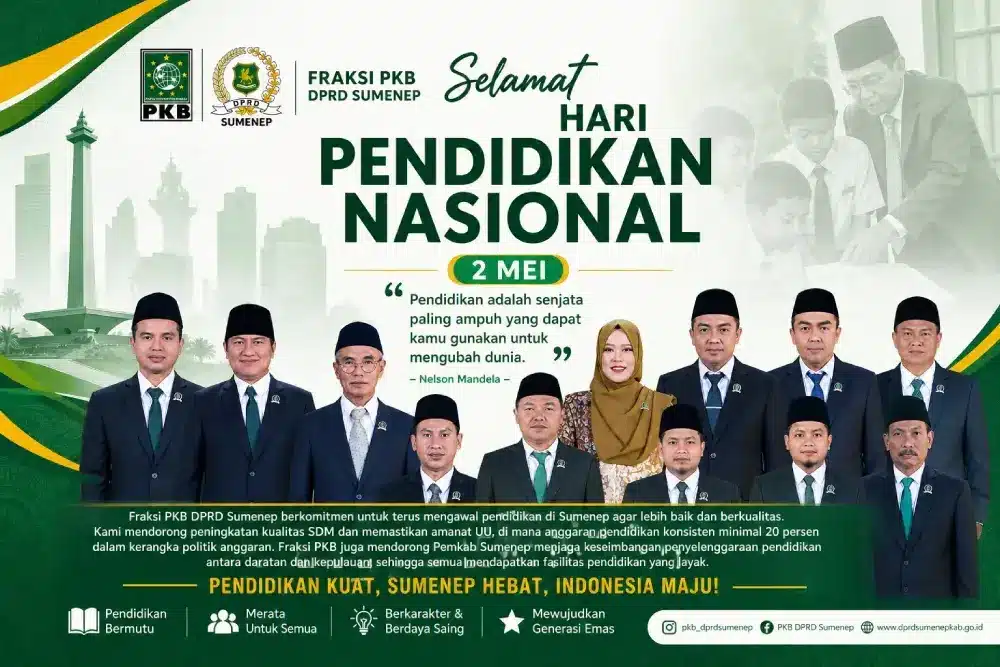 Poster ucapan Selamat Hari Pendidikan Nasional 2 Mei dari Fraksi PKB DPRD Sumenep yang menampilkan foto anggota fraksi dan komitmen pemerataan pendidikan pada Hardiknas 2026.